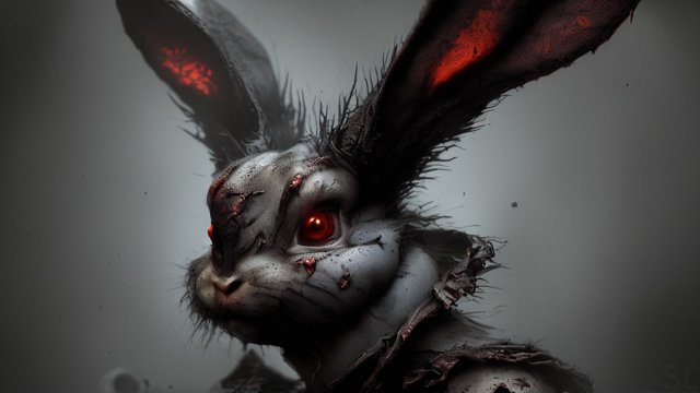 breathtaking portrait of a terrifying horrifying demonic rabbit demon  intricate realistic details  dark shades  dark atmosphere  high contrast