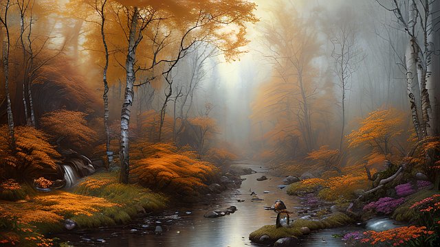 insanely detailed and intricate  hypermaximalist  elegant  hyper realistic  super detailed  8K  vivid colors  open sky  Autumn watercolor painting of a stony stream with birch forest on the banks All kept in typical yellow-orange-red autumn colors by Rembrandt van Rijn Michal Karcz 05 Larry Elmore John Atkinson Grimshaw Nene Thomas 05