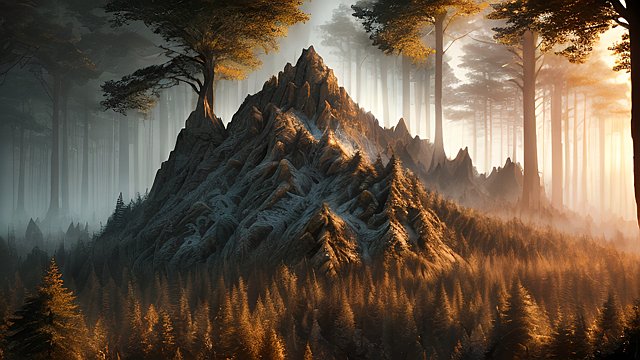 the most breathtaking photo of forest mountain, intricate realistic details, dark shades