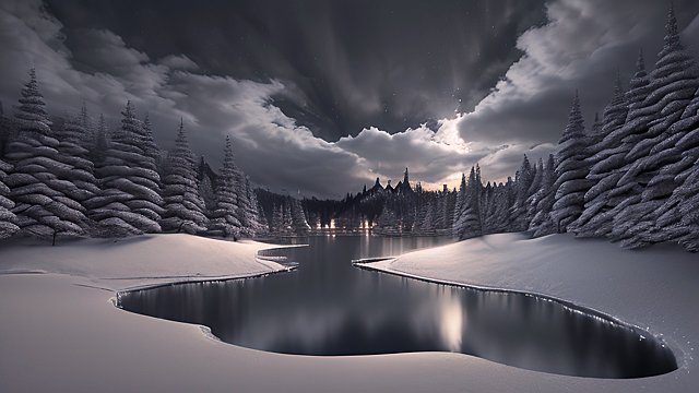 award winning night shot of a snowy lake  high contrast  intricate realistic details  breathtaking clouds