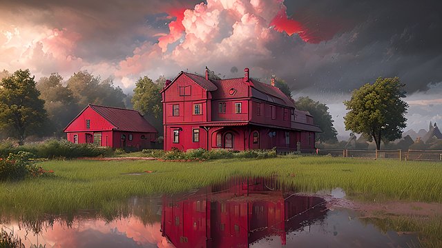 award winning red colors of a the rain in the countryside, intricate realistic details, breathtaking clouds