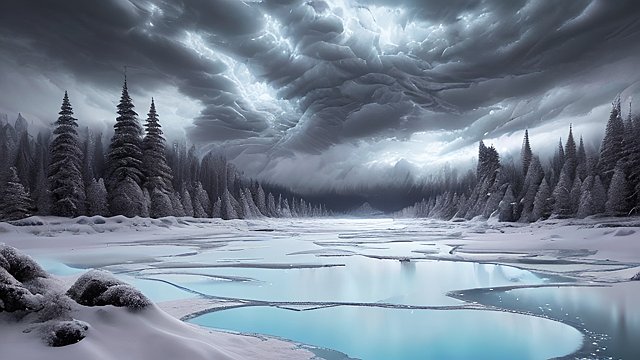 award winning photo of a mesmerizing snow land icy lake  high contrast  night  intricate realistic details  amazing clouds