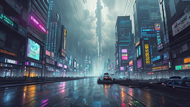 award winning photo of a cyberpunk city under rain, intricate realistic details, breathtaking clouds