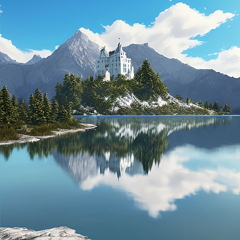 a white castle, a lake, background mountain, water reflect