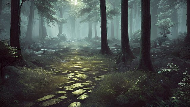 the most breathtaking award winning amazing 4k uhd detailed fascinating anime photo of a dark forest  intricate realistic details  dark shades