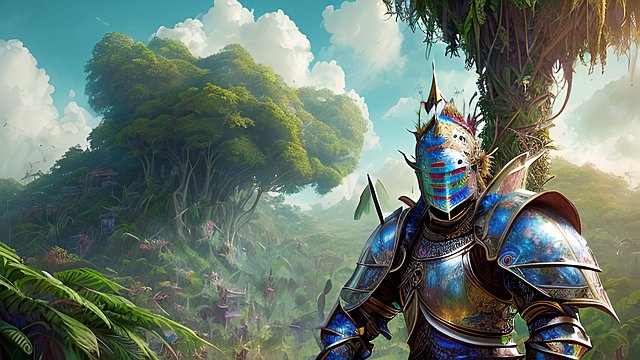 award winning photoshoot colorful mesmerizing portrait of a knight in a fantasy jungle  amazing shot  intricate realistic details  amazing clouds