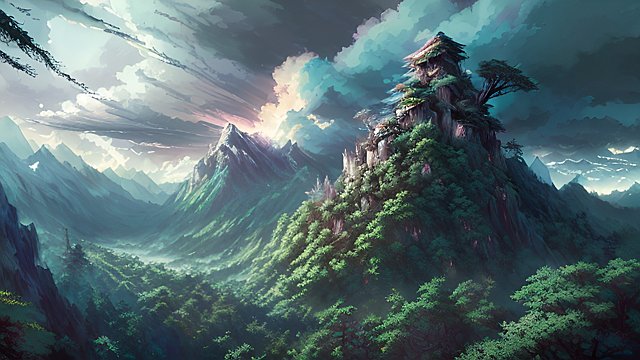 anime painting of an anime mountain forest, wind, breathtaking clouds, dark atmosphere