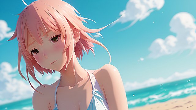 portrait of an anime character on beach during summer, soft anime style, slice of life