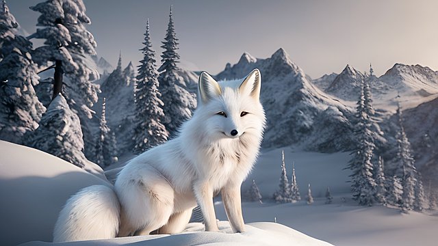 4k breathtaking photo of a white fox in snowy mountains  intricate realistic details