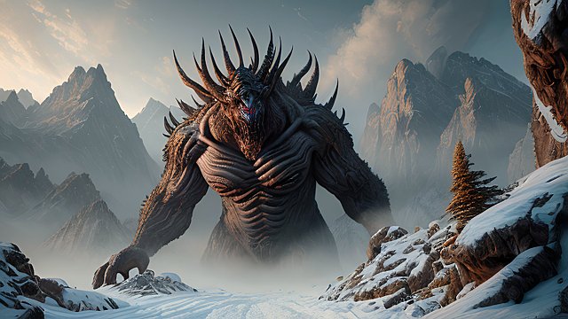 breathtaking painting of a gigantic monster in mountains  intricate realistic details