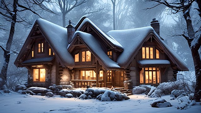 the most breathtaking award winning amazing 4k uhd detailed fascinating photo of a small european cottage in snowy forest during night  intricate realistic details