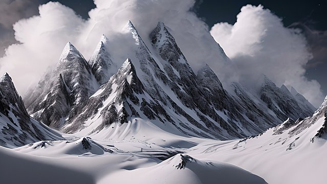 award winning photo of a snowy mountain  high contrast  intricate realistic details  amazing clouds