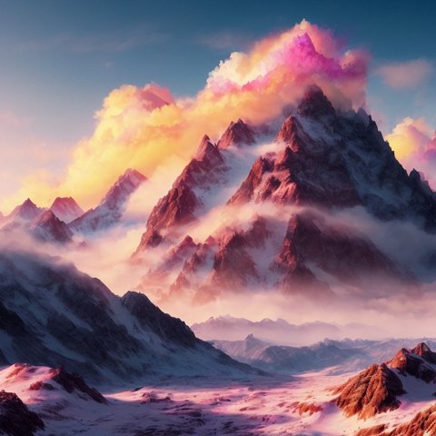 realistic photo of a moutain, colorful clouds