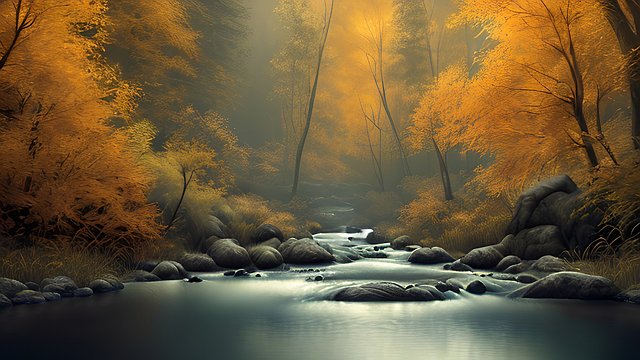 high contrast photorealistic detailed shot of a river in a autumn forest  intricate realistic details  amazing atmosphere