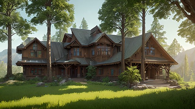 Create an intricate and realistic image of a stunning architectural masterpiece of a ranch in a lush green mountain valley, tall trees surrounding it, showcasing intricate details and unique design elements