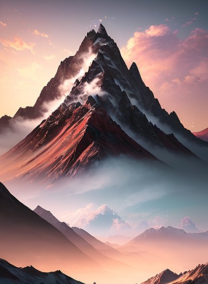realistic photo of a moutain, colorful clouds, sunset
