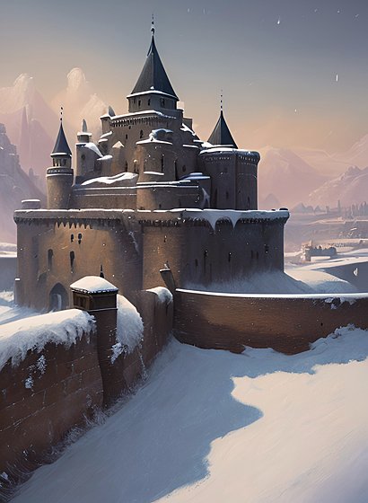 beautiful painting of fortifications, snowy