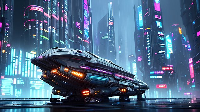 award winning photo of a spaceship in a cyberpunk city under rain, intricate realistic details, breathtaking clouds