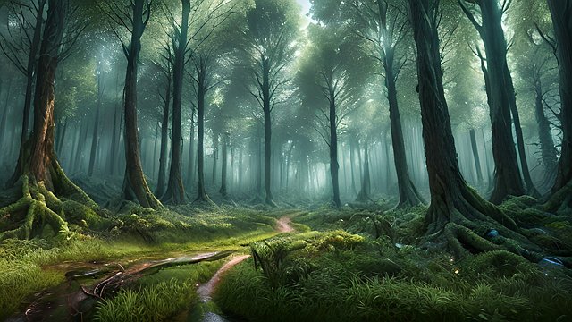 award winning photo of a mesmerizing forest, intricate realistic details, amazing clouds