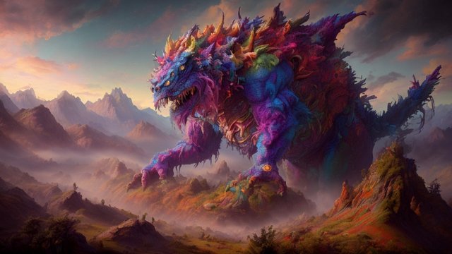 breathtaking colorful painting of a gigantic whimsical monster in mountains  intricate details