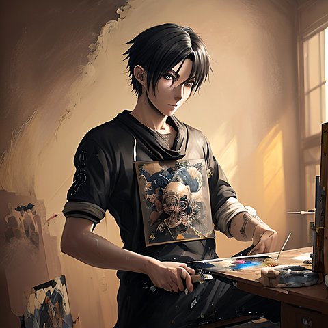 an anime guy with dark hairs painting in his room  anime drawing  intricate details  award winning painting