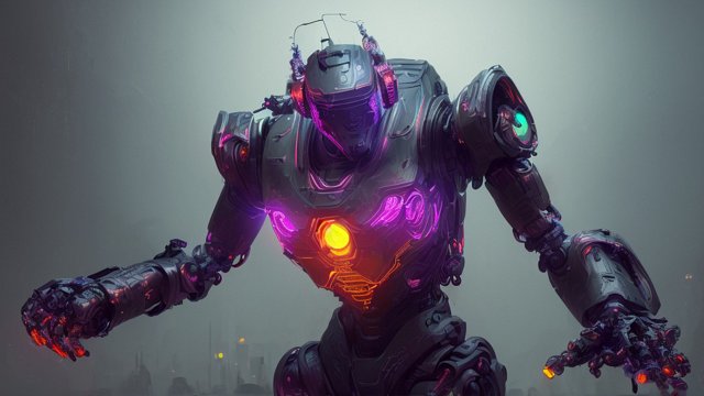 breathtaking epic painting of a robot, neon, intricate details, high contrast, dark background