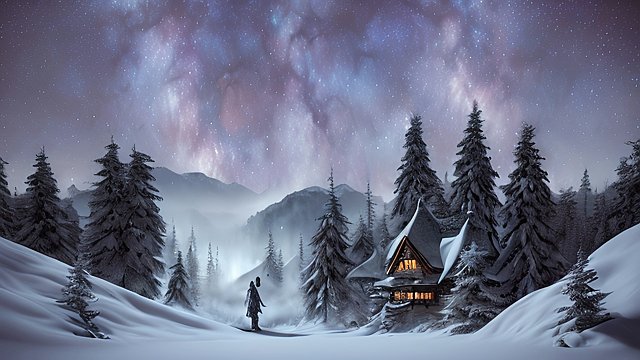 4k breathtaking photo of a ghost in snowy forest mountains  night starry sky  milky way  intricate realistic details