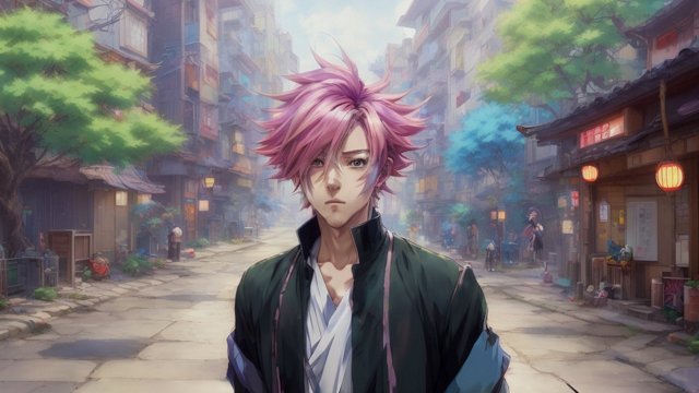 anime male character in a japanese anime street  colorful hairs  anime drawing  anime manga style