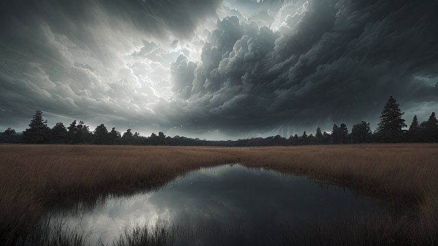 award winning photo of a dark lake  intricate realistic details  amazing clouds