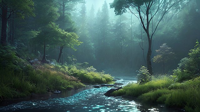 forest landscape at night  with a river  electronic circuit river  neon cyan  the river is electronic
