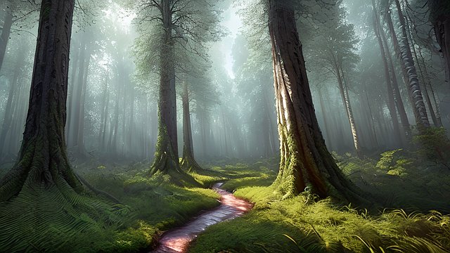 award winning photo of a mesmerizing forest  intricate realistic details  amazing clouds