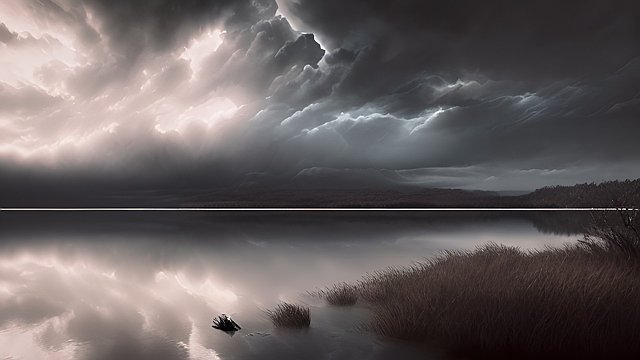 award winning photo of a dark lake  intricate realistic details  amazing clouds
