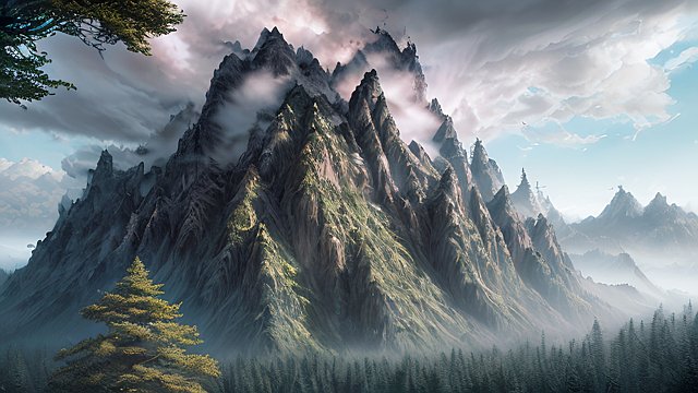 the most breathtaking photo of forest mountain  intricate realistic details  dark shades  amazing anime clouds