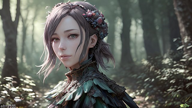 the most breathtaking award winning amazing 4k uhd detailed fascinating anime portrait of happy french woman in a forest, intricate realistic details, dark shades