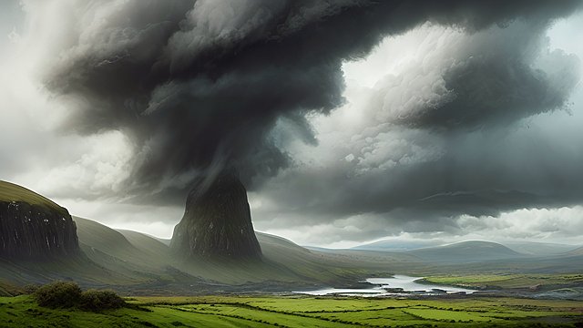 award winning breathtaking shot of irish countryside, intricate realistic details, breathtaking clouds, photorealistic