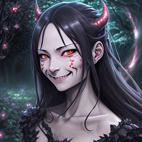 smiling anime demon face  dark hairs  in a dark garden  anime drawing  anime