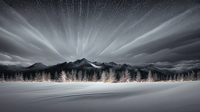 award winning night shot of a snowy landscape  high contrast  intricate realistic details  breathtaking clouds