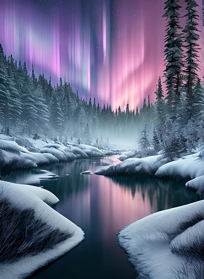 photo of beautiful northern lights  award winning shot  realistic  snowy forest and river and fog  water reflections