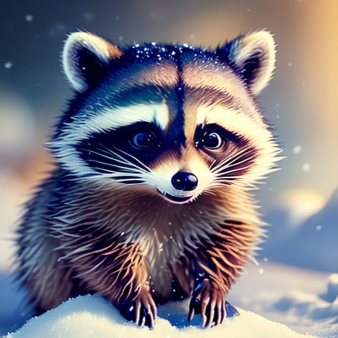 cute little racoon in snow, beautiful intricate details