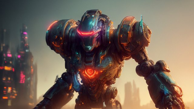 breathtaking epic painting of a robot, neon, intricate details