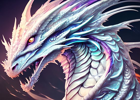 ethereal face of a white dragon  beautiful colorful  intricate details  dark background  award winning colorful painting