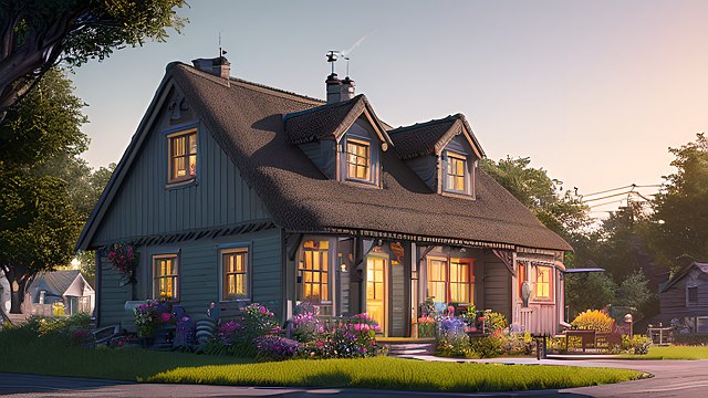 Cottage in the suburbs - colorful, ultra-detailed, hyper-realistic, 3D render, photorealistic 