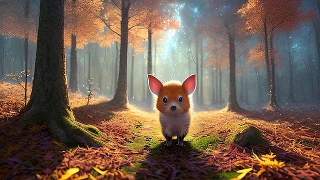 award winning photo of a small animal in a mesmerizing autumn forest scatter sun light  intricate realistic details  amazing clouds