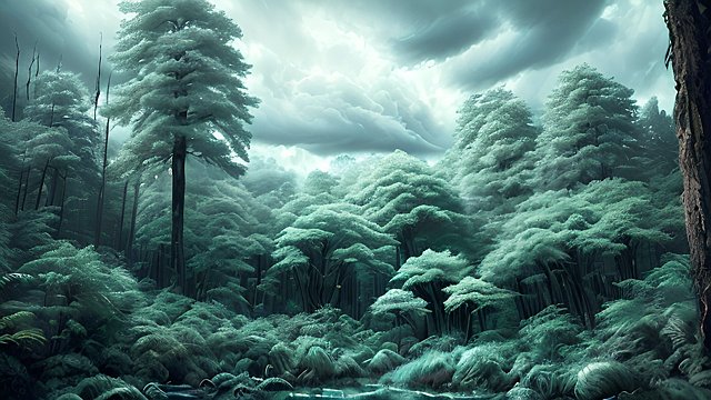 award winning high contrast photo of a mesmerizing forest  intricate realistic details  amazing clouds