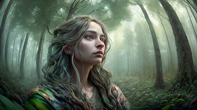 award winning painting of a person in forest  intricate realistic details  amazing clouds