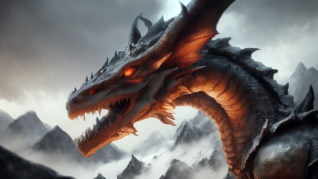 breathtaking close up painting of a dragon with scales and horns and a long nose and mouth close and a detailed yellow eye  snowy blurry mountains background  intricate realistic details  absolutely epic breathtaking portrait