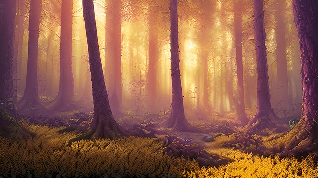 award winning ultradetailed ultramesmerizing photo of a forest, intricate ultrarealistic details, yellow shades, light scattering