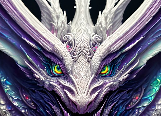 ethereal face of a white dragon  beautiful colorful  intricate details  dark background  award winning colorful painting