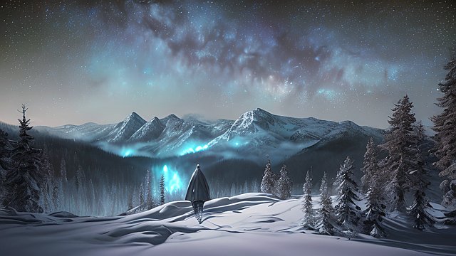 4k breathtaking photo of a ghost in snowy forest mountains  night starry sky  milky way  intricate realistic details