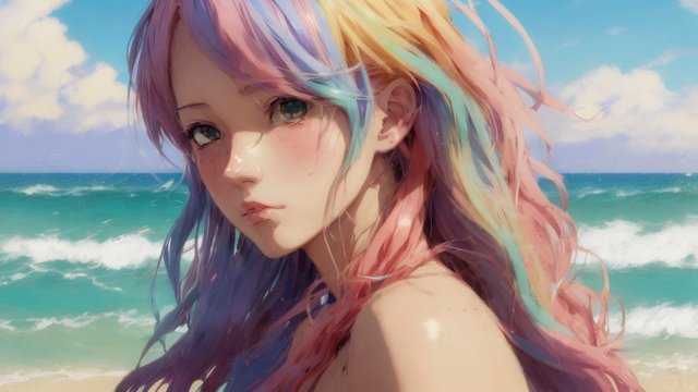 portrait anime girl on a beach  colorful hairs  anime drawing  anime manga style
